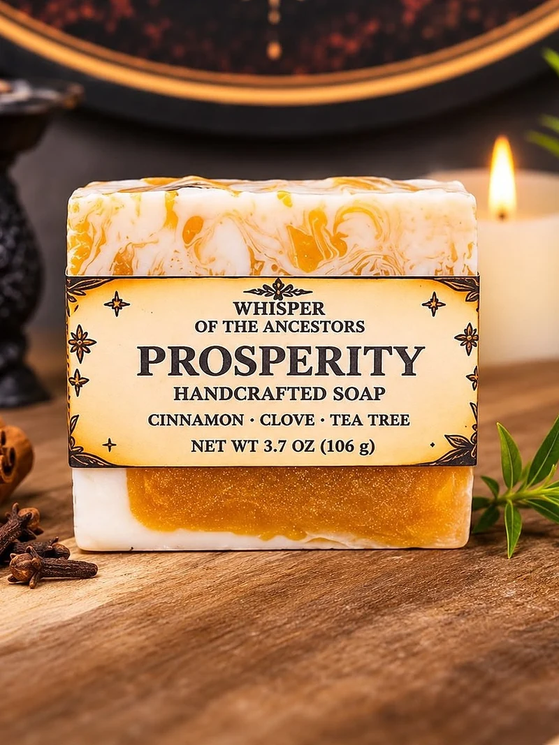 Prosperity handcrafted soap bar swirled white and shimmering amber-gold on top with a translucent gold window below, wrapped with a parchment label band, cinnamon sticks, cloves and a sprig of greenery alongside