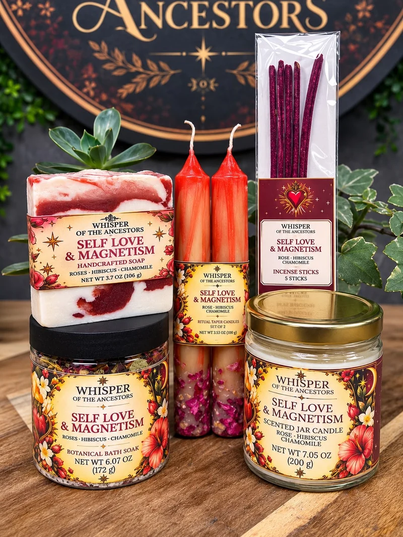 Self Love & Magnetism Ritual Set — crimson and white marbled soap, coral taper candles, botanical bath soak, clear jar candle with a gold lid and burgundy incense sticks with floral labels