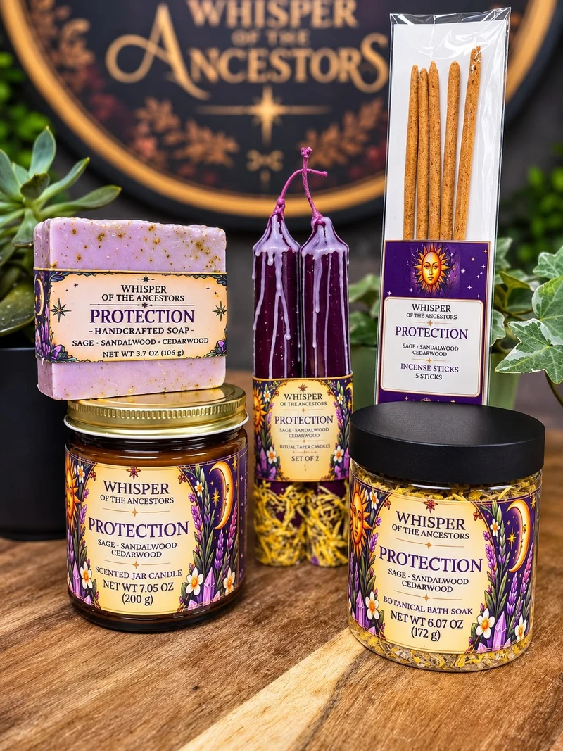 Protection Ritual Set — lavender soap, purple taper candles, amber jar candle with a gold lid, botanical bath soak and five incense sticks with purple and gold labels on a wooden table