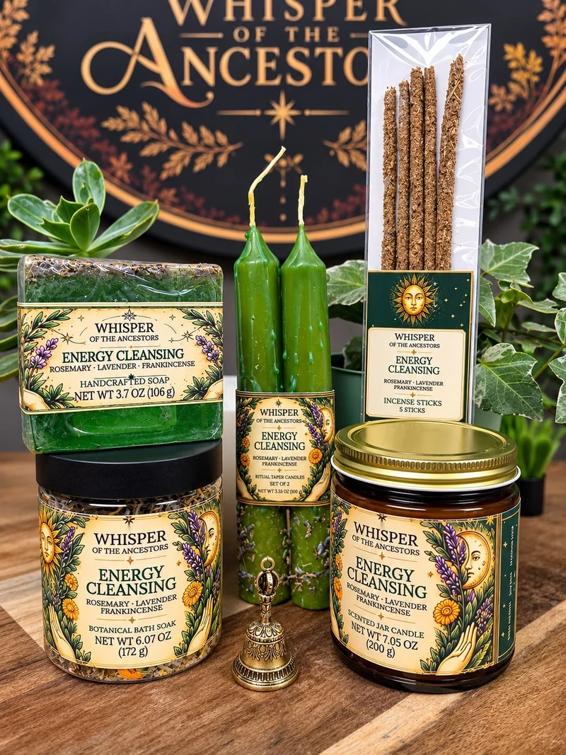 Energy Cleansing Ritual Set — green soap and taper candles, botanical bath soak, amber jar candle with a gold lid and five incense sticks with green botanical labels, arranged on a wooden table before the brand seal