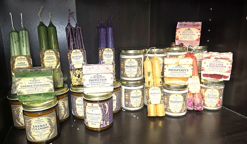 All four collections — candles, tapers, soaps, bath soaks and incense — lined up together on the studio shelf.
