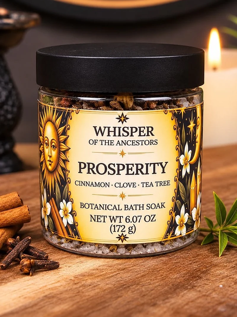 Prosperity botanical bath soak in a clear jar with a matte black lid, layered with coarse white salts, dried brown botanicals and cloves, with cinnamon sticks resting beside it