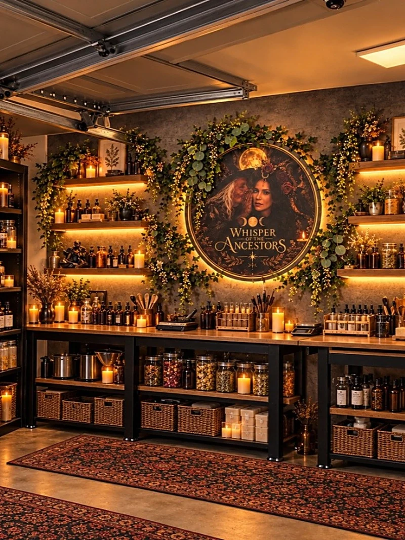 Portrait view of the studio workbench and illuminated botanical shelves beneath the Whisper of the Ancestors artwork.