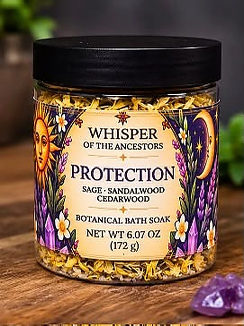 Protection botanical bath soak in a clear jar with a matte black lid, filled with dried yellow botanicals, its cream label printed with a sun, crescent moon and purple florals, with an amethyst crystal beside it on a wooden table
