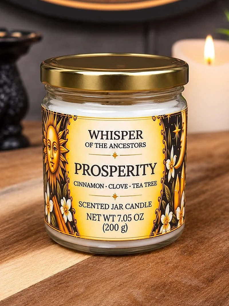 Prosperity scented jar candle — white wax in a clear glass jar with a metallic gold lid and a parchment label edged in black, printed with a sun, moon and cinnamon sticks