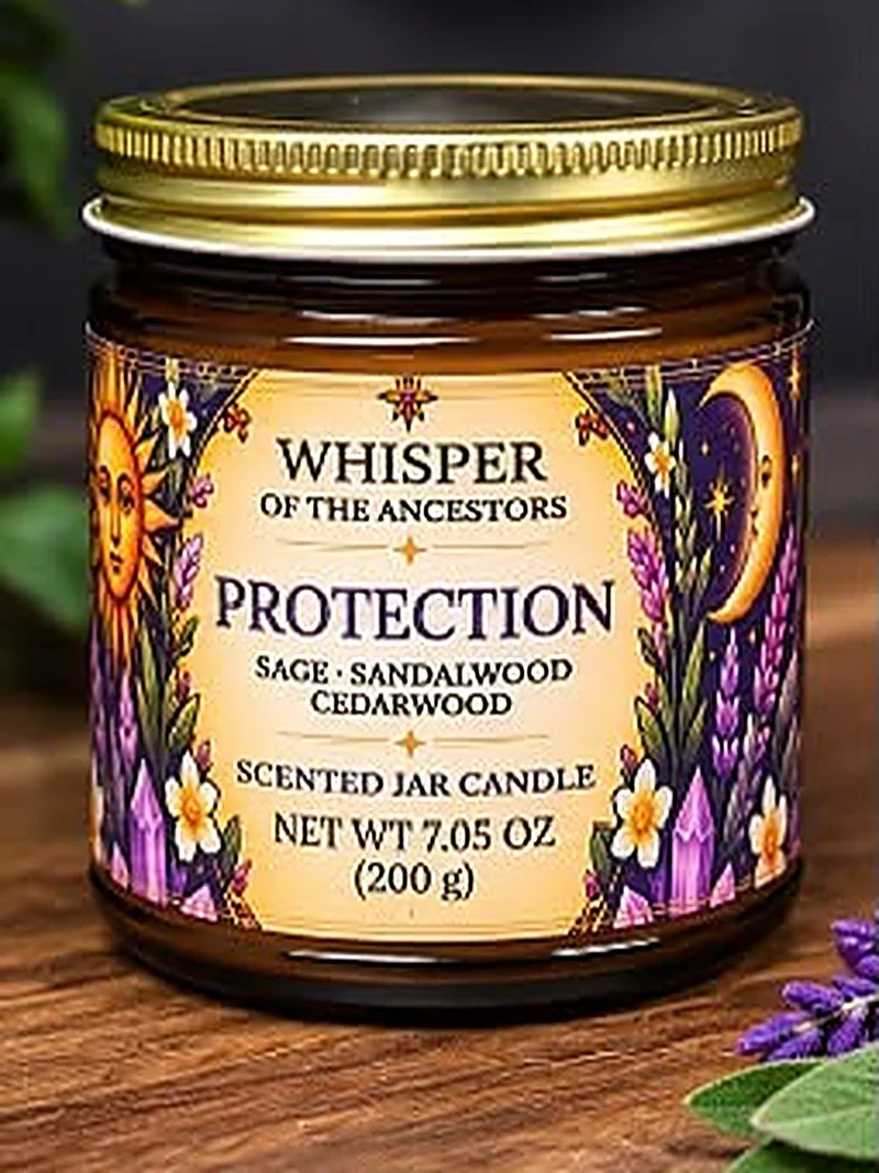 Protection scented jar candle in an amber glass jar with a gold lid, its cream label printed with a sun, moon, stars and botanical artwork and reading Sage · Sandalwood · Cedarwood, on a wooden table with a sprig of sage