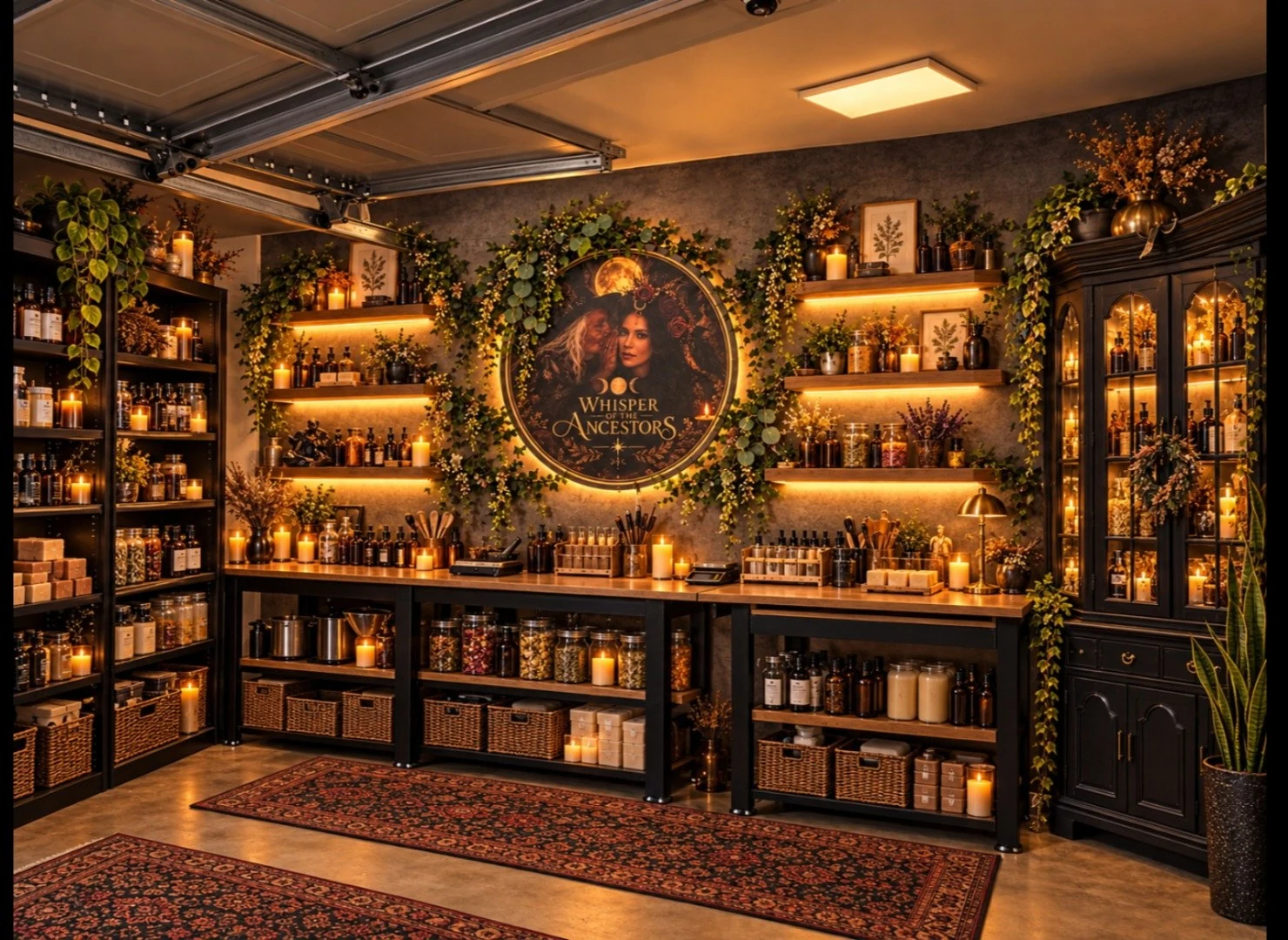 Wide studio view with wooden workbenches, illuminated botanical shelves, glass jars, cabinets and the signature portrait surrounded by greenery.