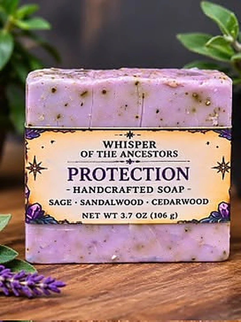 Protection handcrafted soap bar in speckled lavender, wrapped with a cream label band printed with gold stars, botanical artwork and the words Sage · Sandalwood · Cedarwood, beside a sprig of lavender