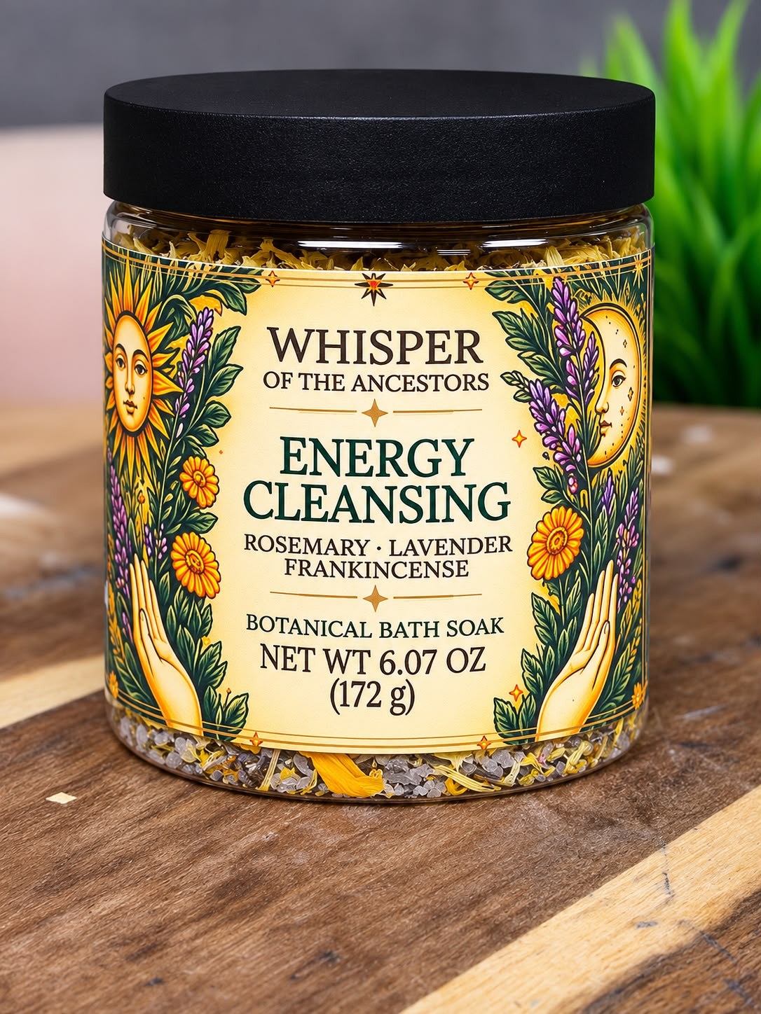 Energy Cleansing botanical bath soak in a lidded glass jar filled with dried petals and mineral salts